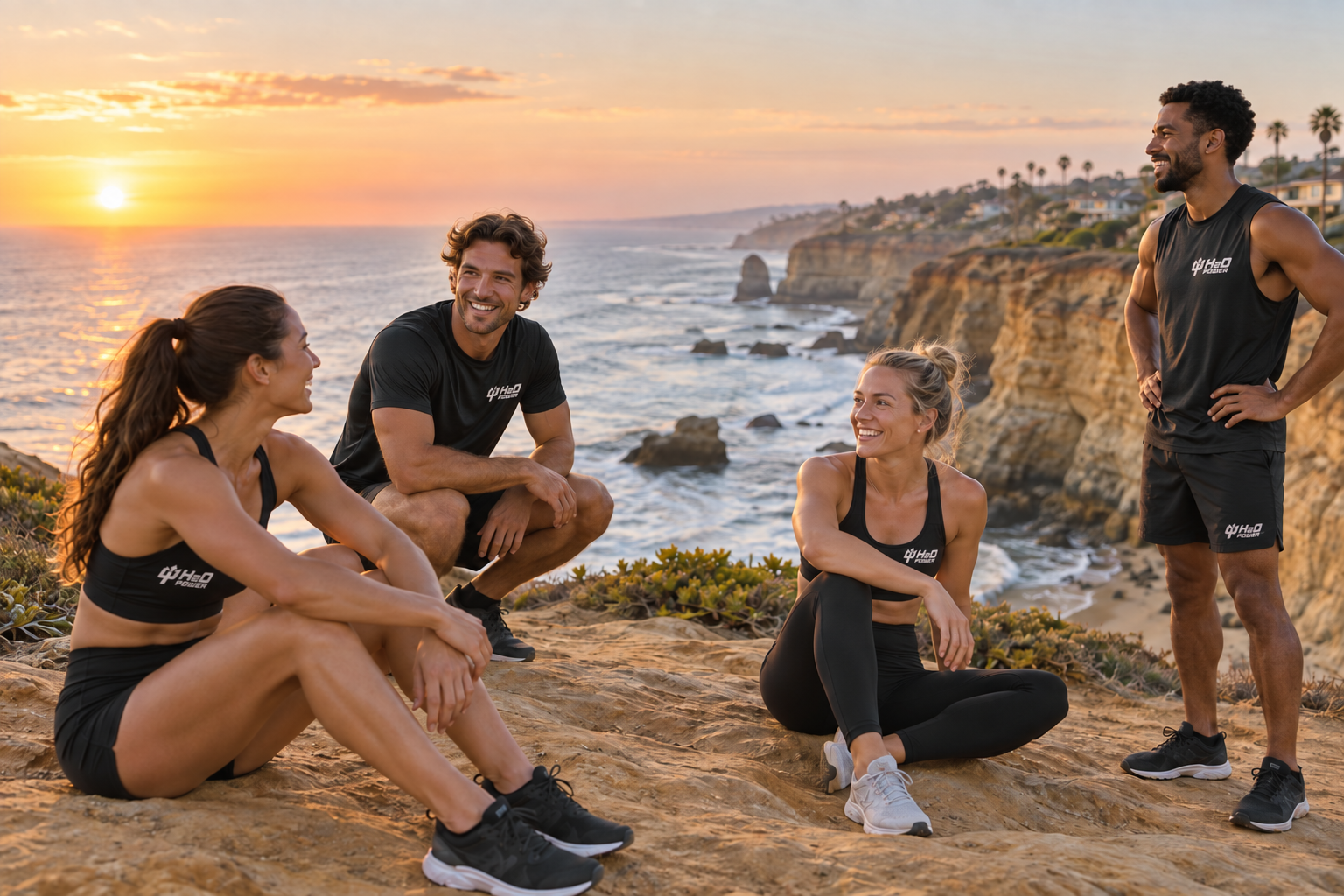 Friends taking a break after a coastal run in San Diego